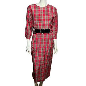 Clues Collections Red Plaid Midi Dress with Belt Size 8 Vintage